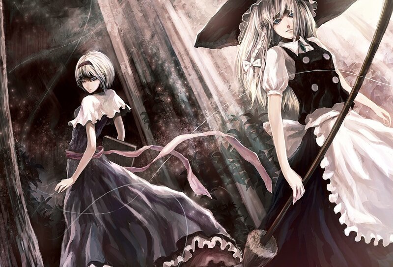Two girls in a dark forest