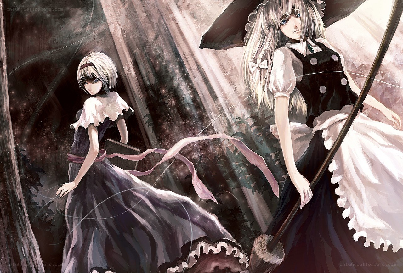 Two girls in a dark forest