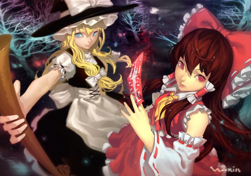Two girls in a dark forest