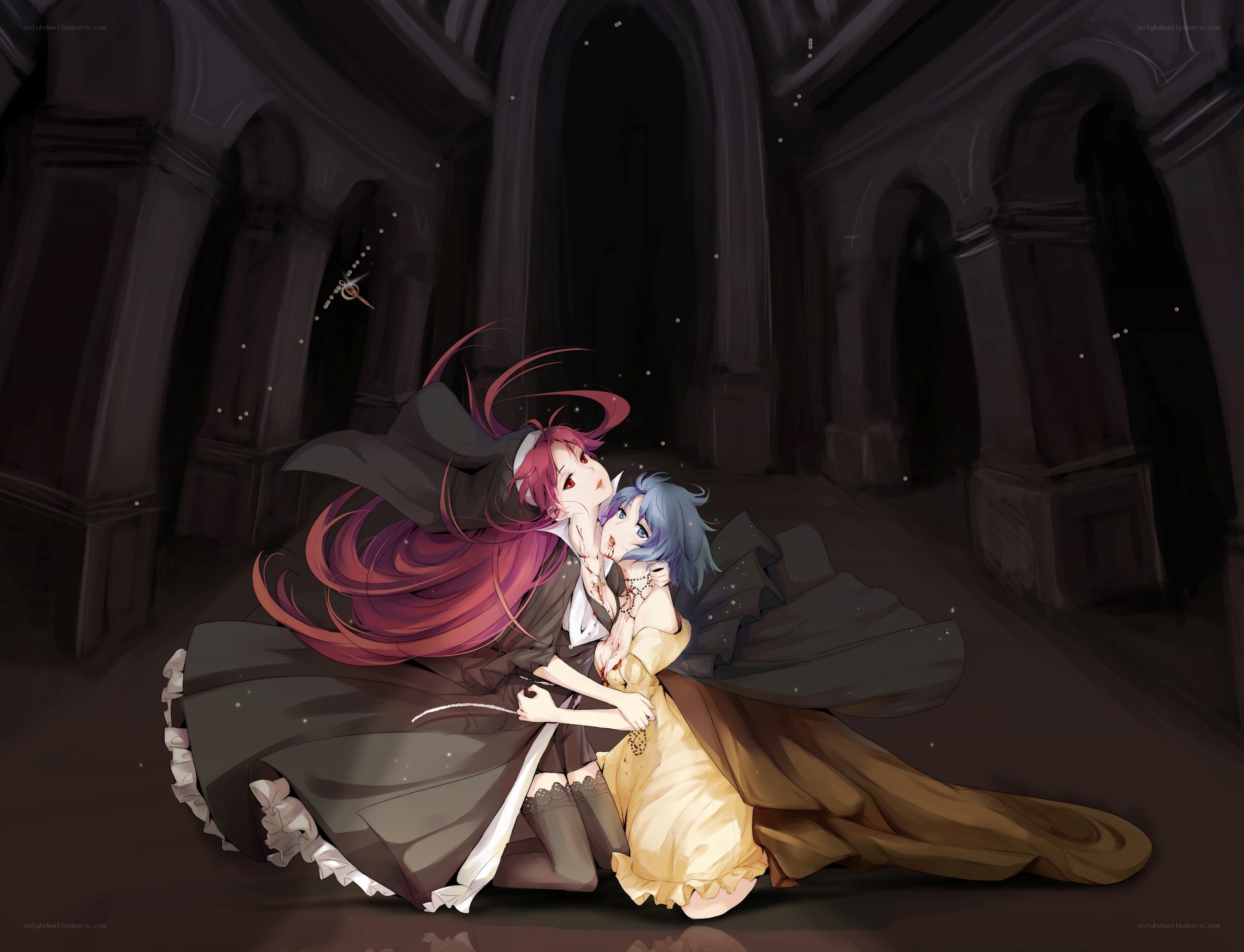 Two girls in a dark hall