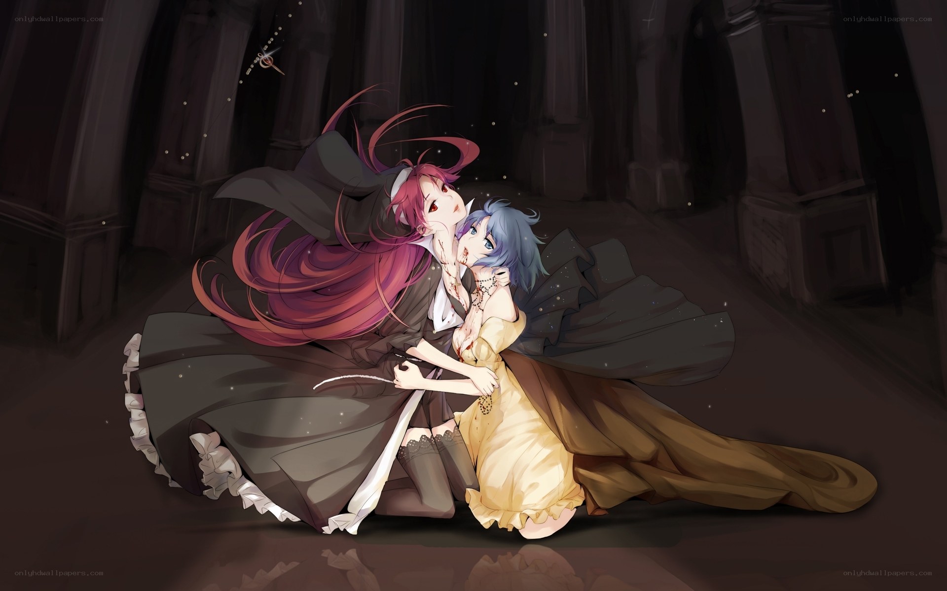 Two girls in a dark hall