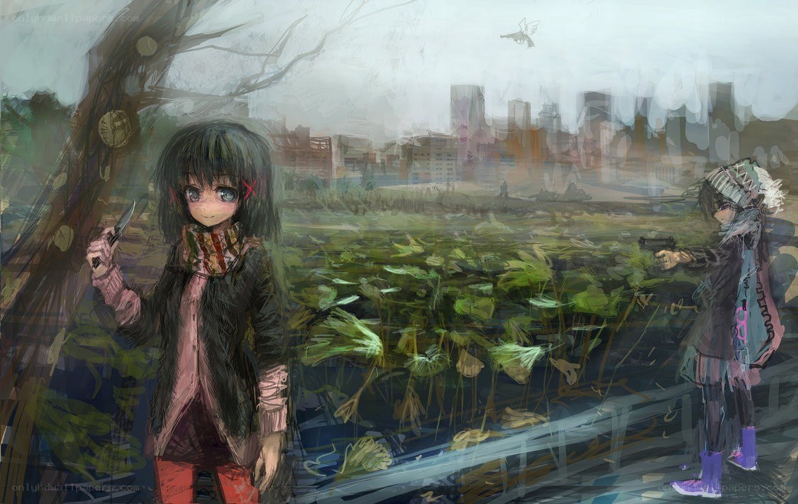 Two girls in a desolate landscape