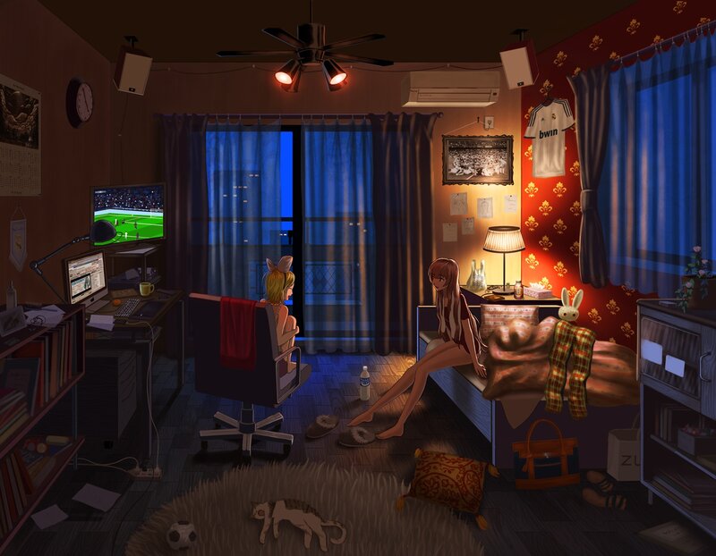 Two girls in a dimly lit room