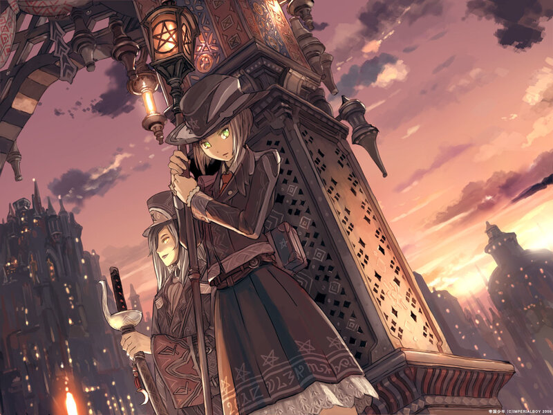 Two girls in a fantasy city