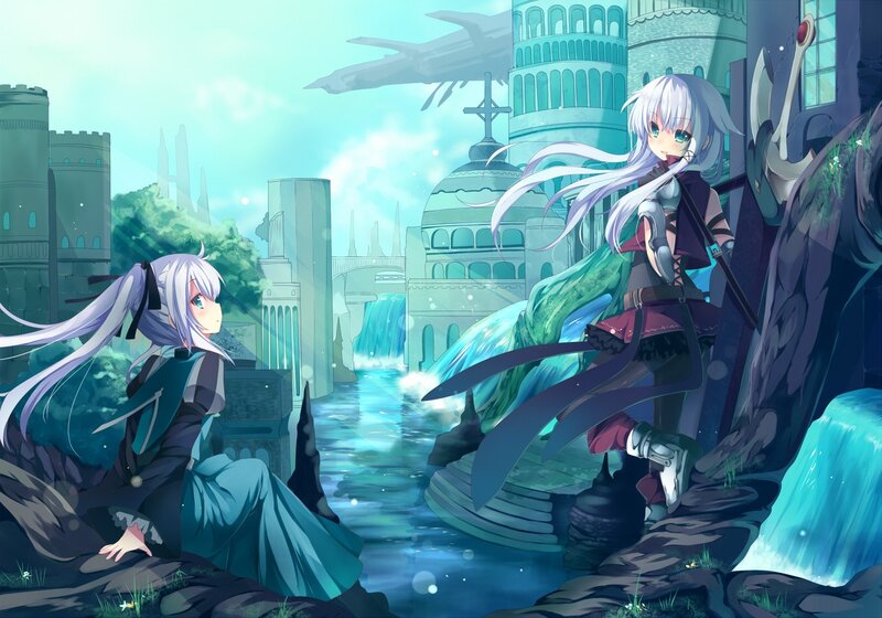 Two girls in a fantasy city