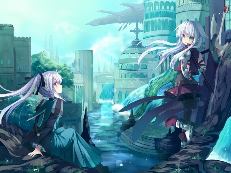 Two girls in a fantasy city