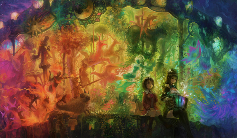 Two Girls in a Fantasy Scene — Green