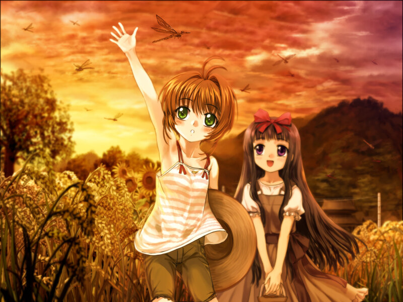 Two girls in a field at sunset