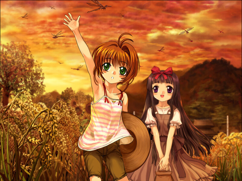 Two girls in a field at sunset
