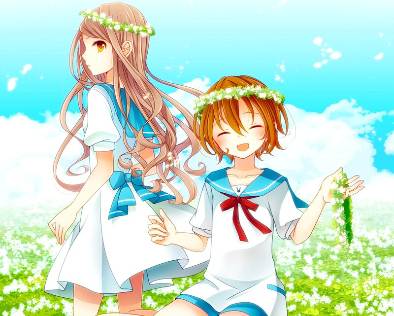 Two Girls in a Field — Blue, Cheerful