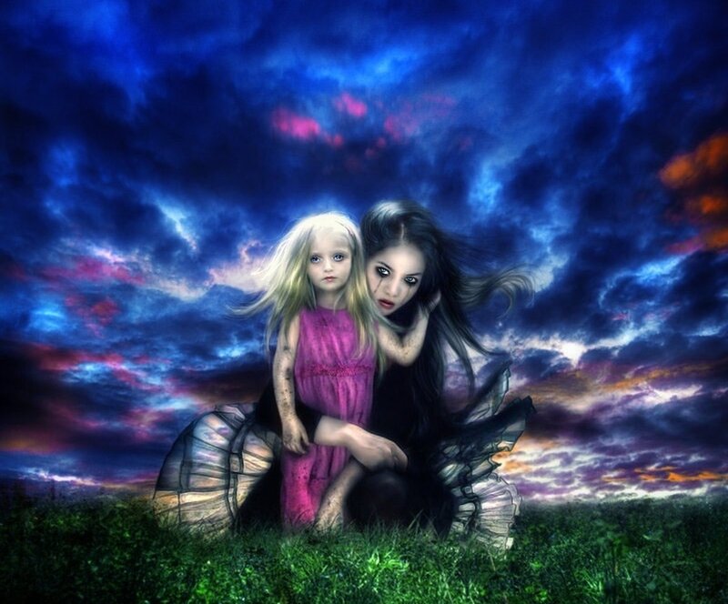 Two Girls in a Field — Blue, Dramatic