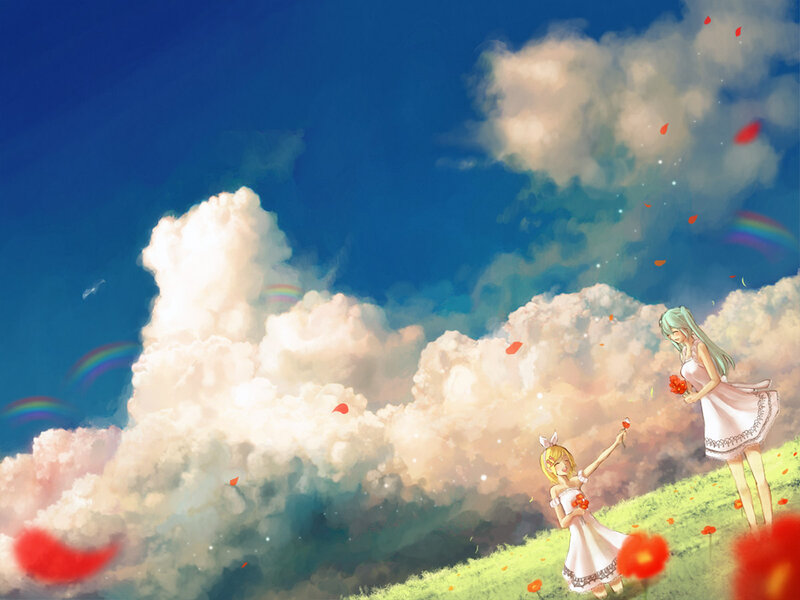 Two Girls in a Field — Blue, Serene, Afternoon, Digital Art, Clouds