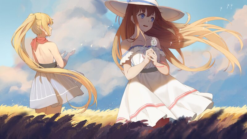 Two Girls in a Field — Blue, Serene, Afternoon, Digital Art, Dandelion