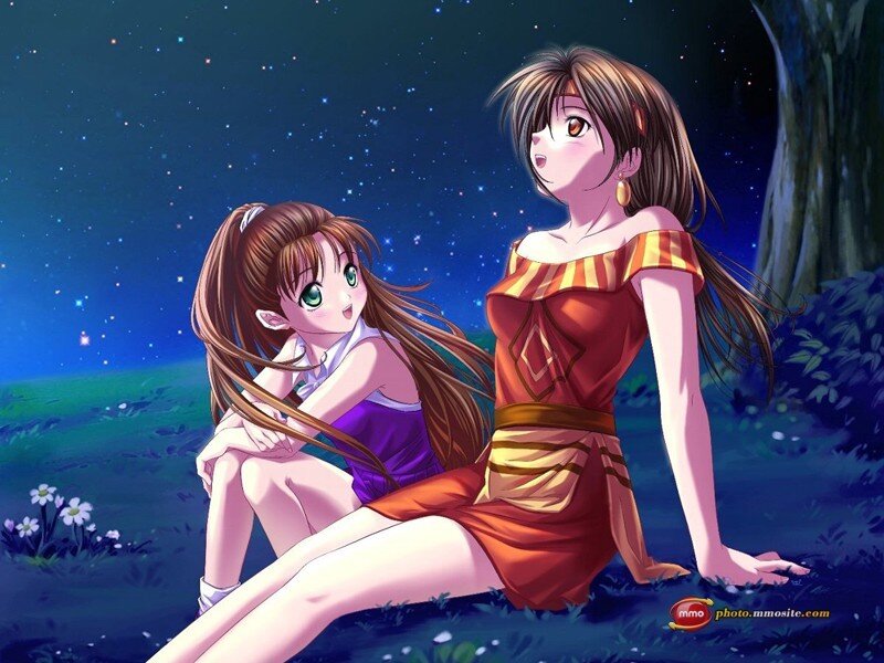 Two Girls in a Field — Blue, Serene, Night, Anime, Night Sky