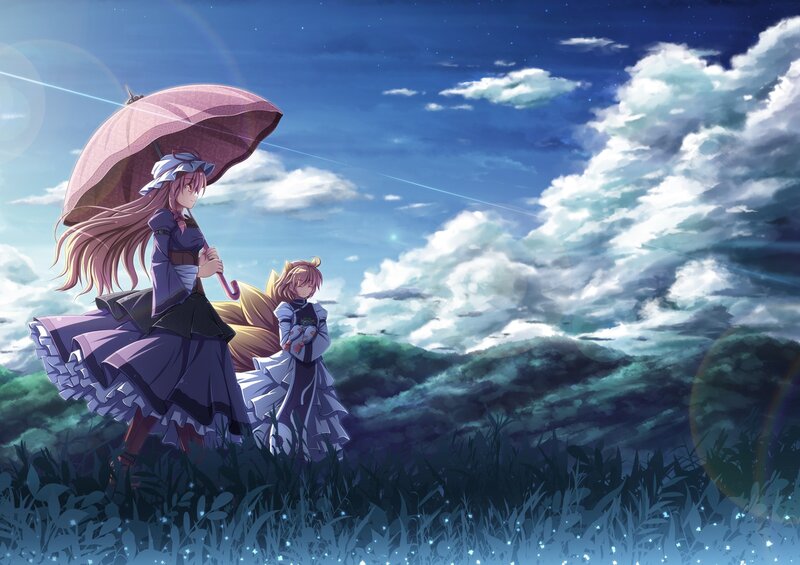 Two Girls in a Field — Blue, Serene, Night, Anime, Umbrella