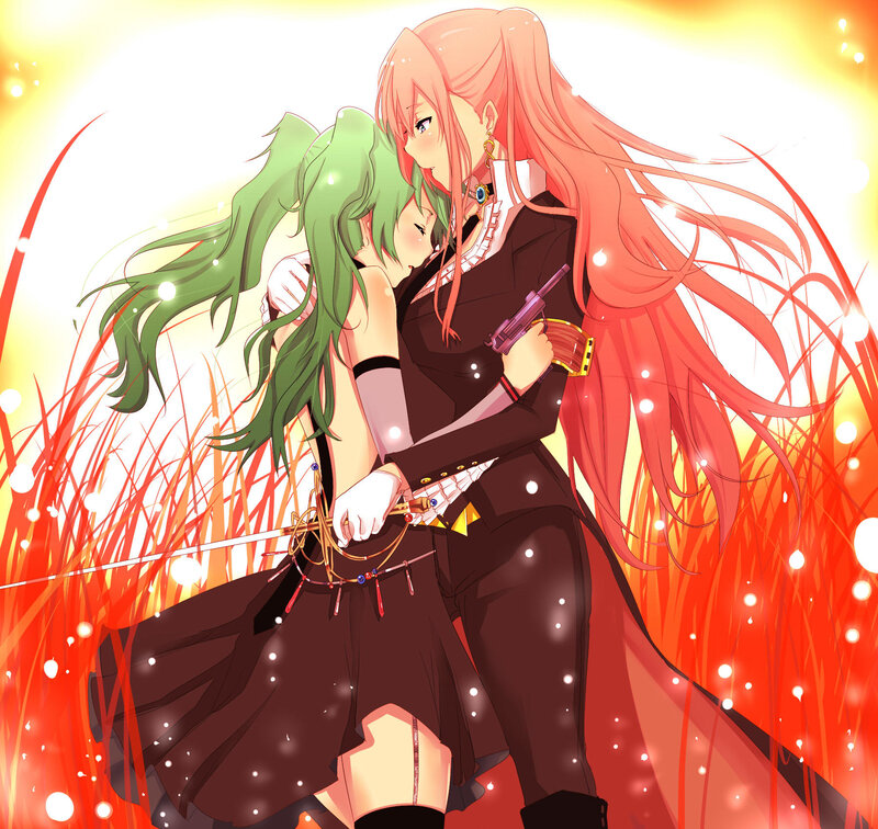 Two girls in a field embrace