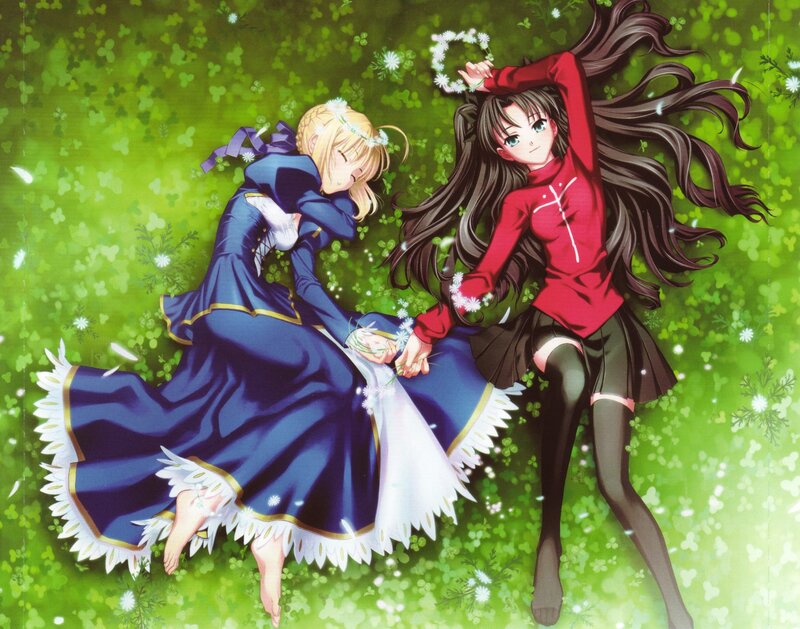 Two Girls in a Field — Green, Peaceful, Spring, Anime, Flowers