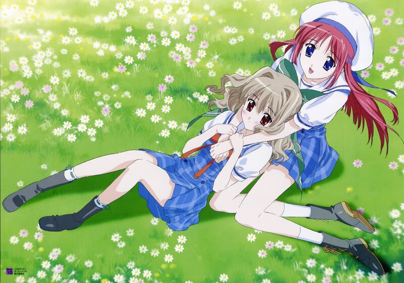 Two Girls in a Field — Green, Playful, Afternoon, Anime