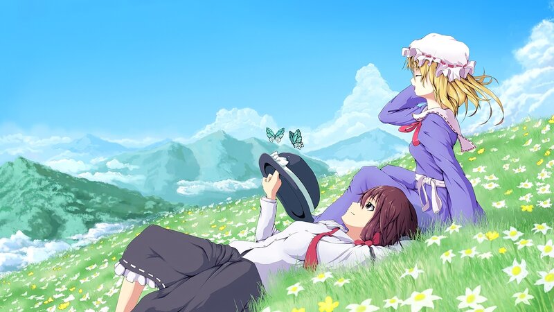 Two Girls in a Field — Green, Serene, Afternoon, Anime, Butterflies