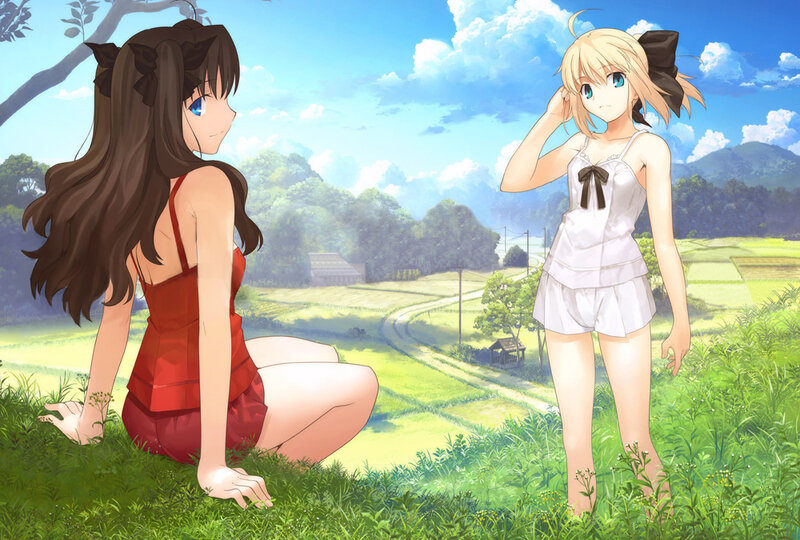 Two Girls in a Field — Green, Serene, Afternoon, Anime, Grass, Trees