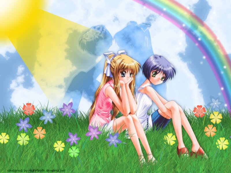 Two Girls in a Field — Green, Serene, Afternoon, Anime, Rainbow