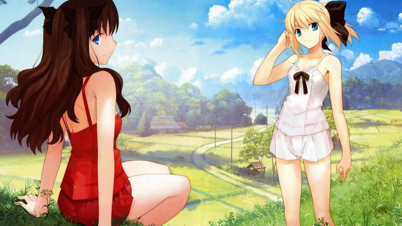 Two Girls in a Field — Green, Serene, Afternoon, Anime, Sky