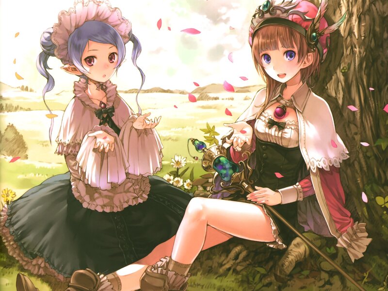 Two Girls in a Field — Green, Serene, Afternoon, Anime