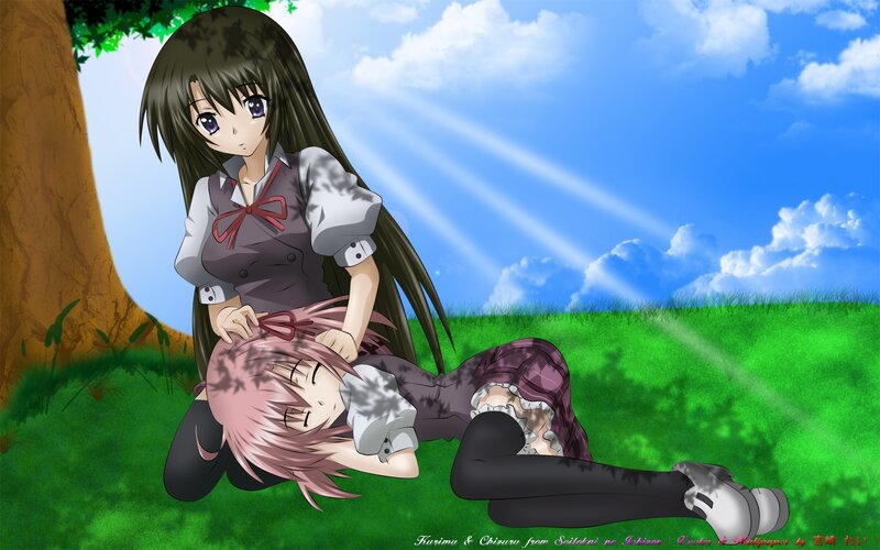 Two Girls in a Field — Green, Serene, Afternoon, Anime, Tree