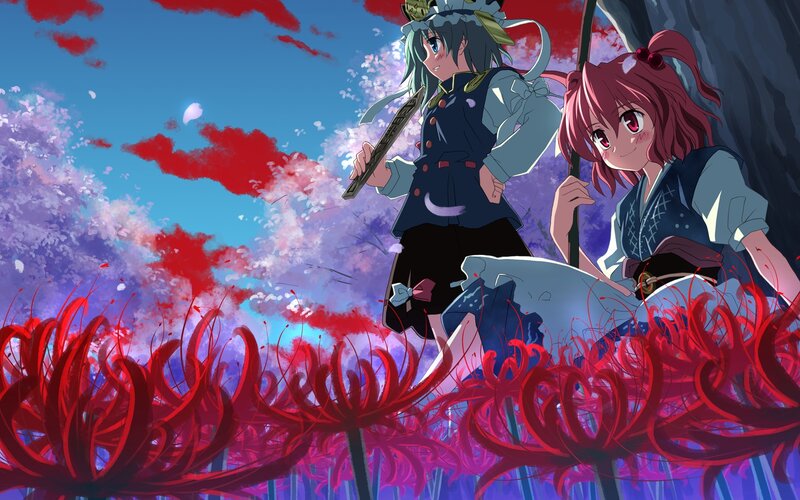 Two girls in a field of red flowers