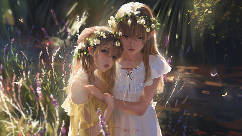 Two Girls in a Field — White, Serene, Afternoon