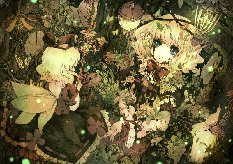 Two girls in a floral garden