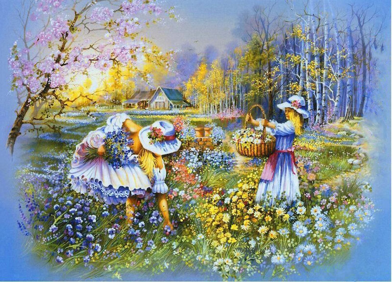 Two Girls in a Flower Field — Blue, Serene