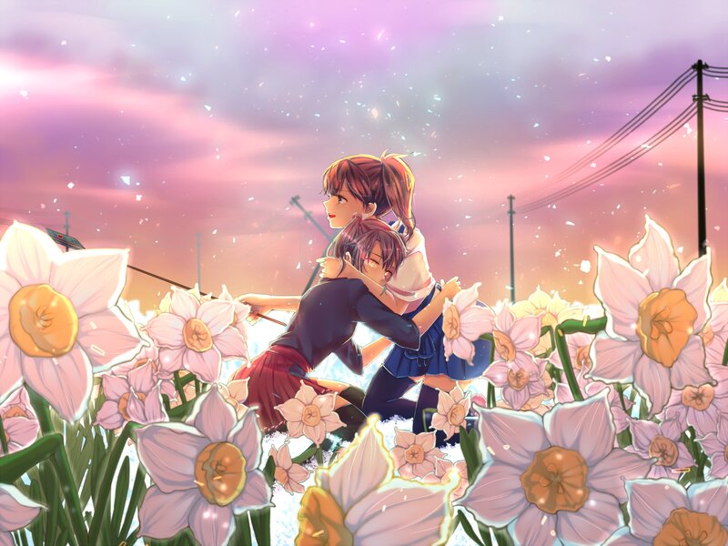 Two Girls in a Flower Field — Pink, Serene