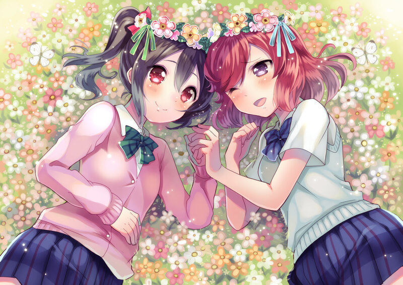 Two Girls in a Flower Field — Pink
