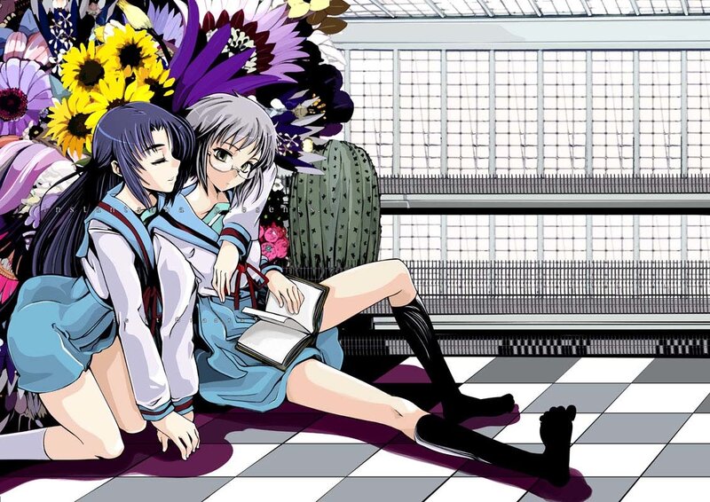 Two girls in a flower-filled room