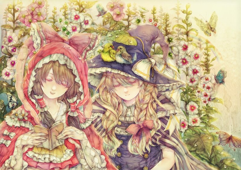 Two girls in a flower garden