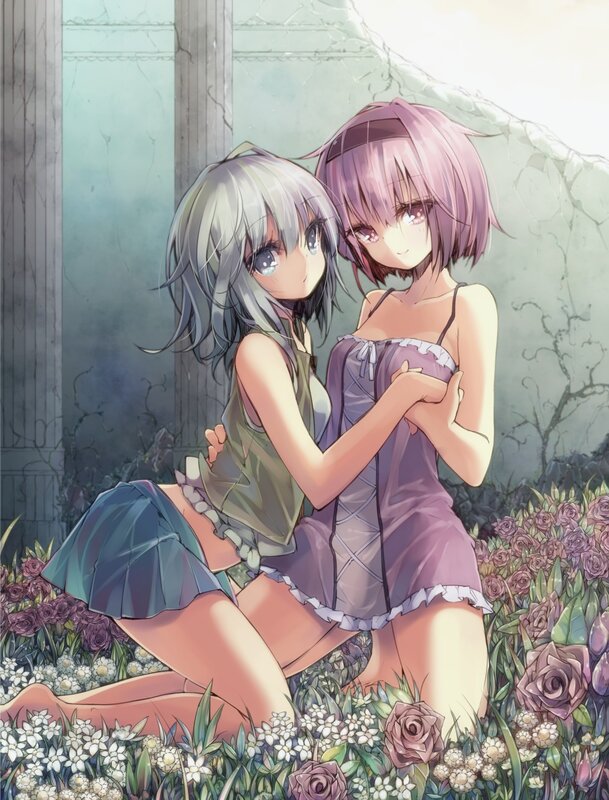 Two girls in a flower garden