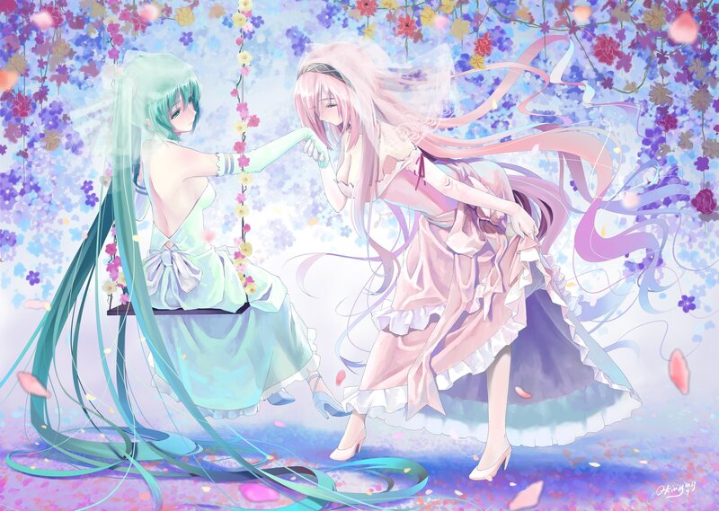 Two girls in a flower garden