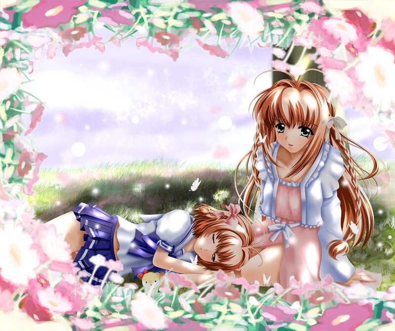 Two girls in a flower garden