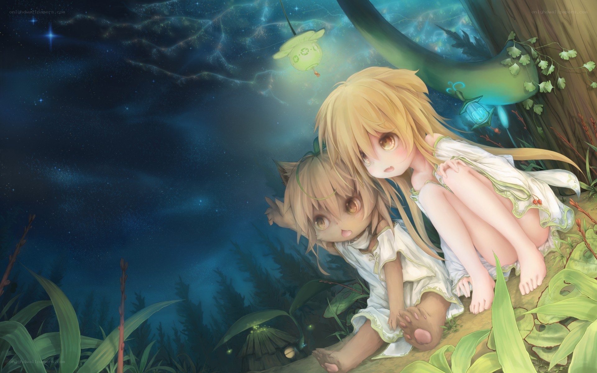 Two girls in a forest at night