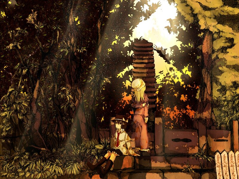 Two girls in a forest at sunset