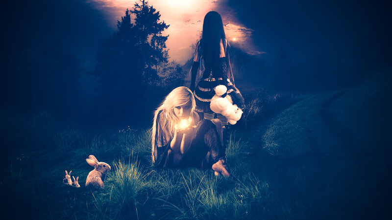Two Girls in a Forest — Blue, Dramatic
