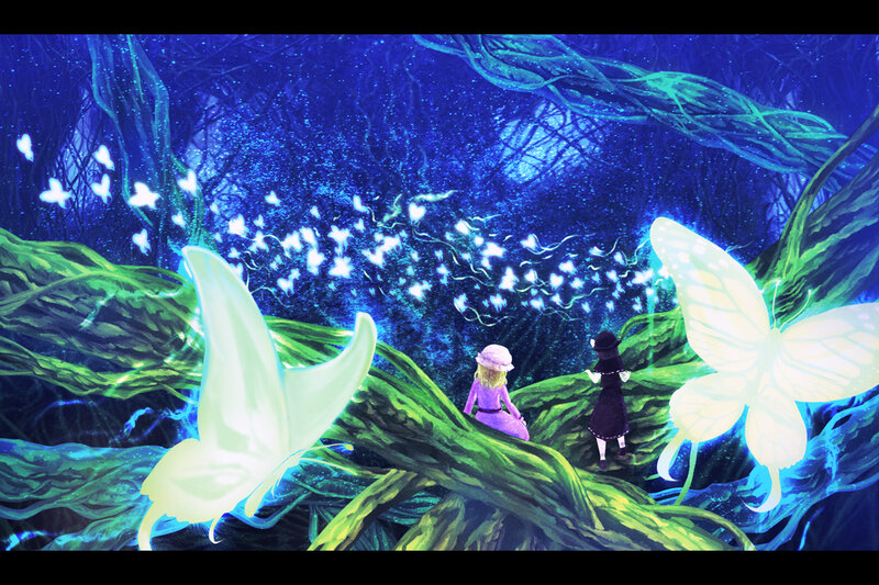 Two Girls in a Forest — Blue, Serene, Night, Digital Art, Butterflies