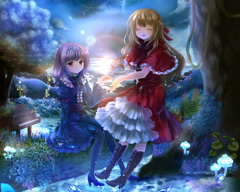 Two Girls in a Forest — Blue, Serene, Night, Digital Art, Piano