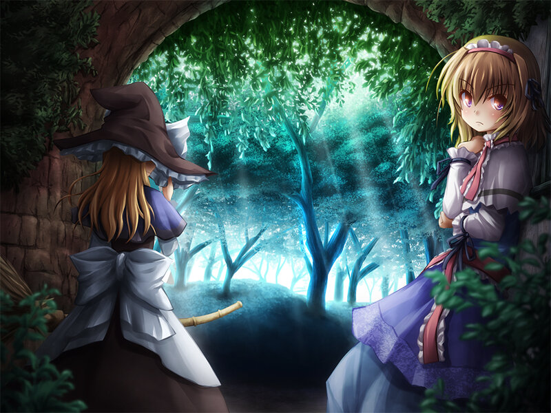Two girls in a forest clearing