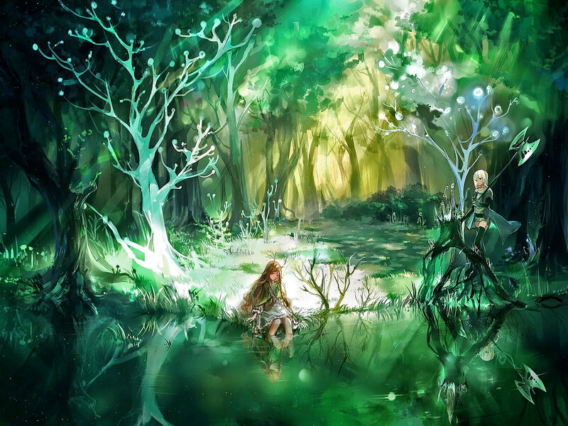 Two Girls in a Forest — Green, Mystical, Night