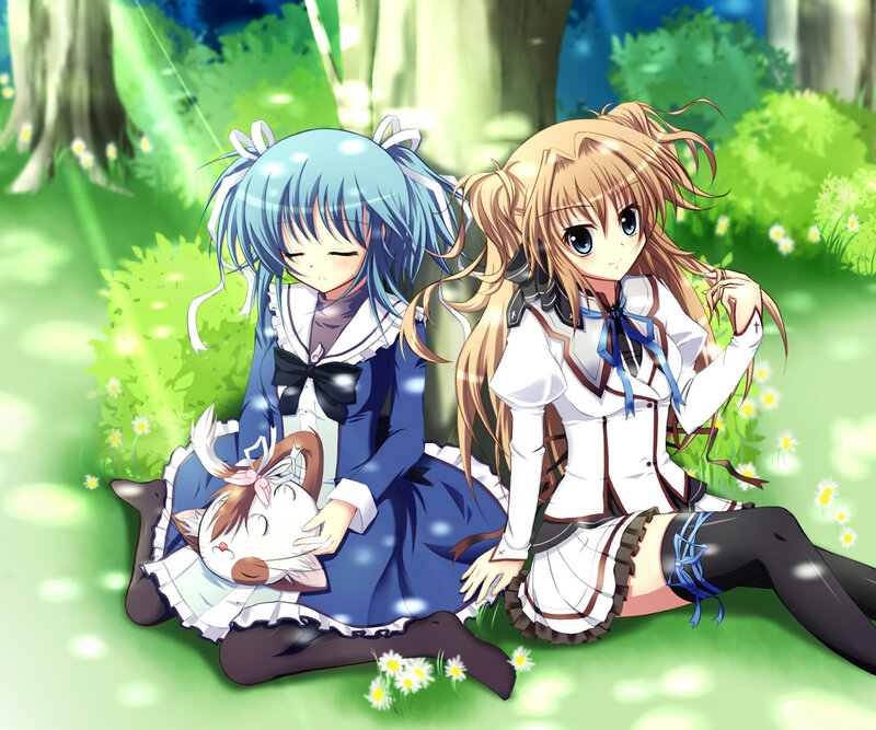 Two Girls in a Forest — Green, Serene, Afternoon, Anime, Cat