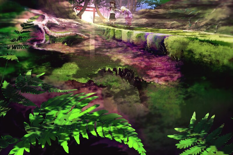 Two Girls in a Forest — Green, Serene, Afternoon, Anime, Path, Torii Gate