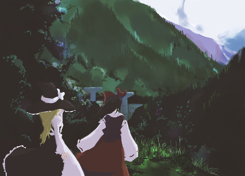 Two Girls in a Forest — Green, Serene, Afternoon, Digital Art, Mountain