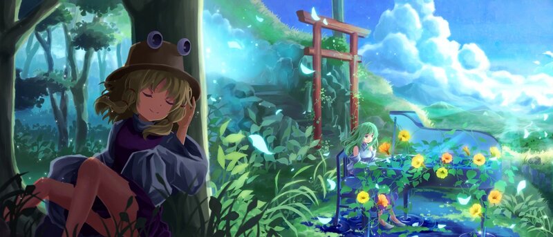 Two Girls in a Forest — Green, Serene, Afternoon, Digital Art, Piano